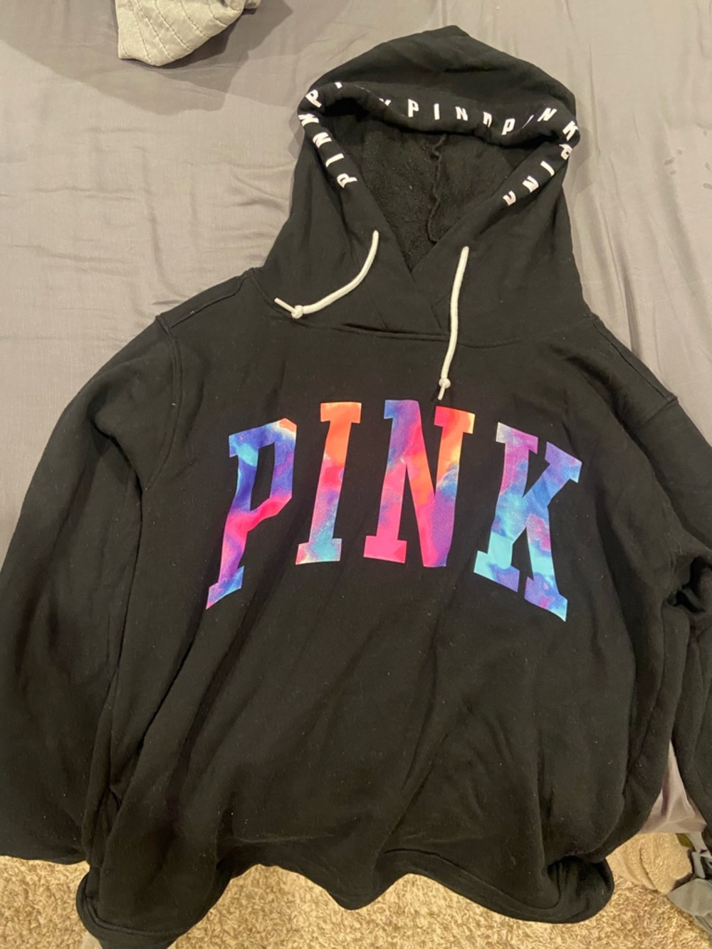 PINK Victoria's Secret Black Hoodie with White Logo Trim